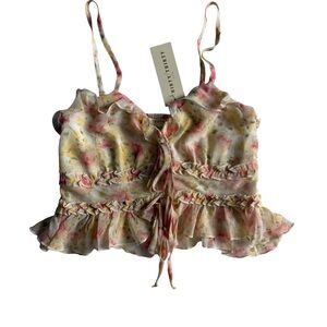 Thirty Thirty Floral Ruffle Tie-Front Crop Top - Pink/Yellow